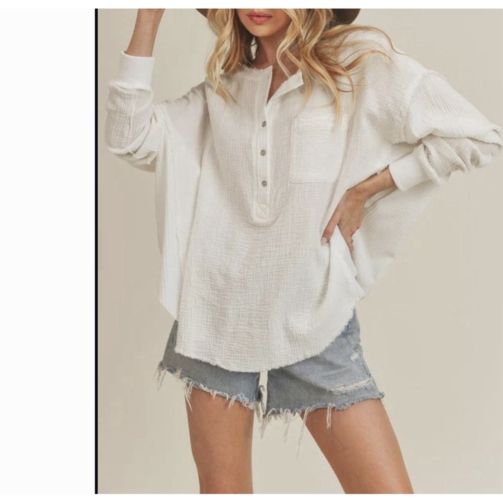 AEMI + CO Gauze Cotton Blouse S Raw Edge Henley Long Sleeve Boho Oversized Beach